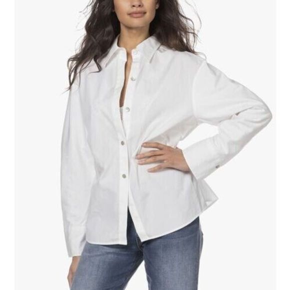 Vince Women Sz M White Sculpted Poplin Gathered Long Sleeve Button Up Shirt $275 - Picture 9 of 10
